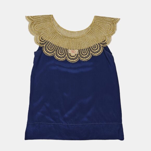 AKA New York Gold Lace Collar Blue Silk Blouse Size S Ornate Statement Regency - Picture 1 of 14
